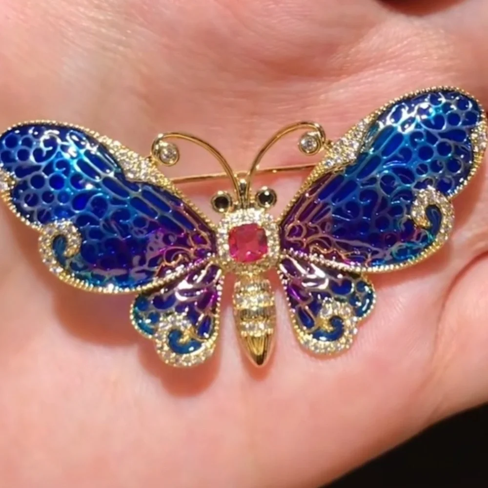 Luxury Elegant Blue Gold Butterfly Brooch